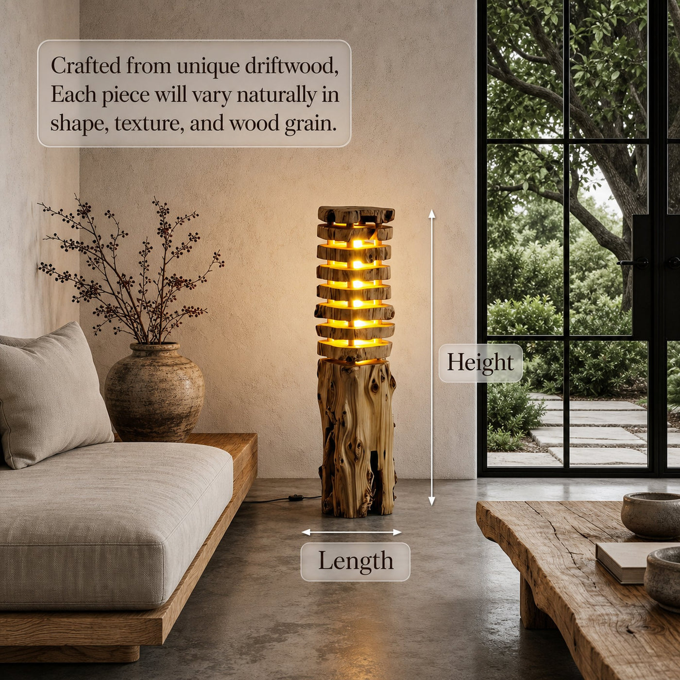 Rustic Log Floor Lamp With Sculptural Wooden Base For Living Room And Bedroom - product view 6