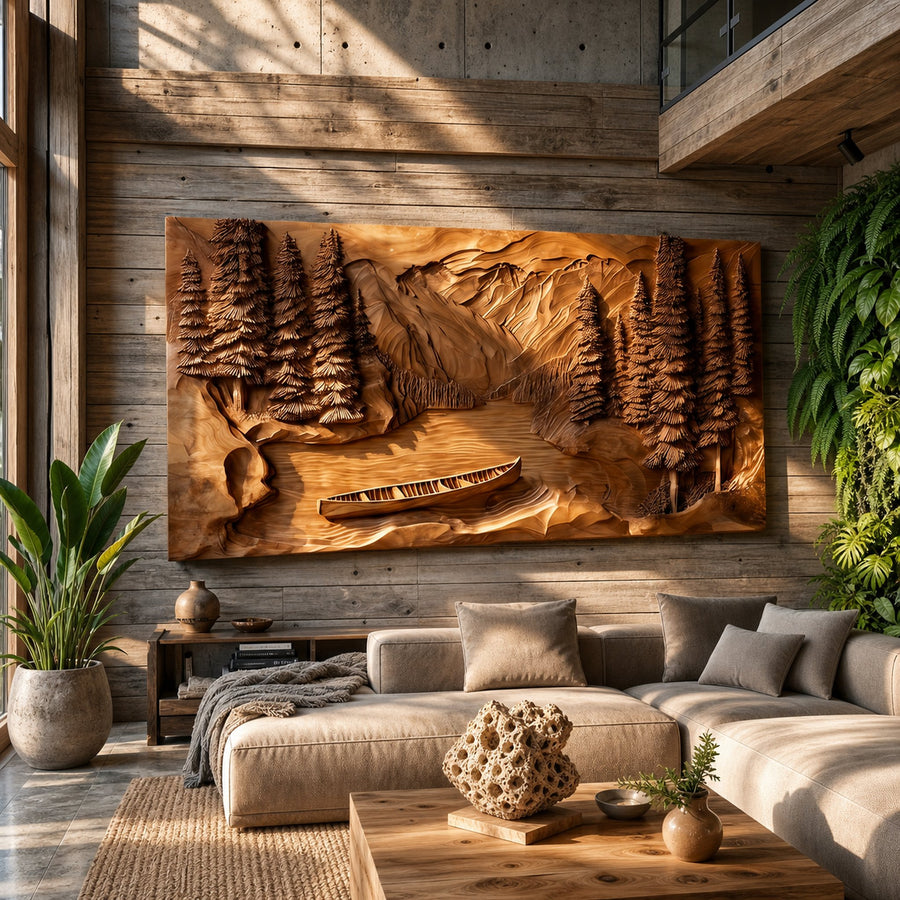 Rustic Mountain Lake Wood Wall Art For Luxury Cabin Living Spaces