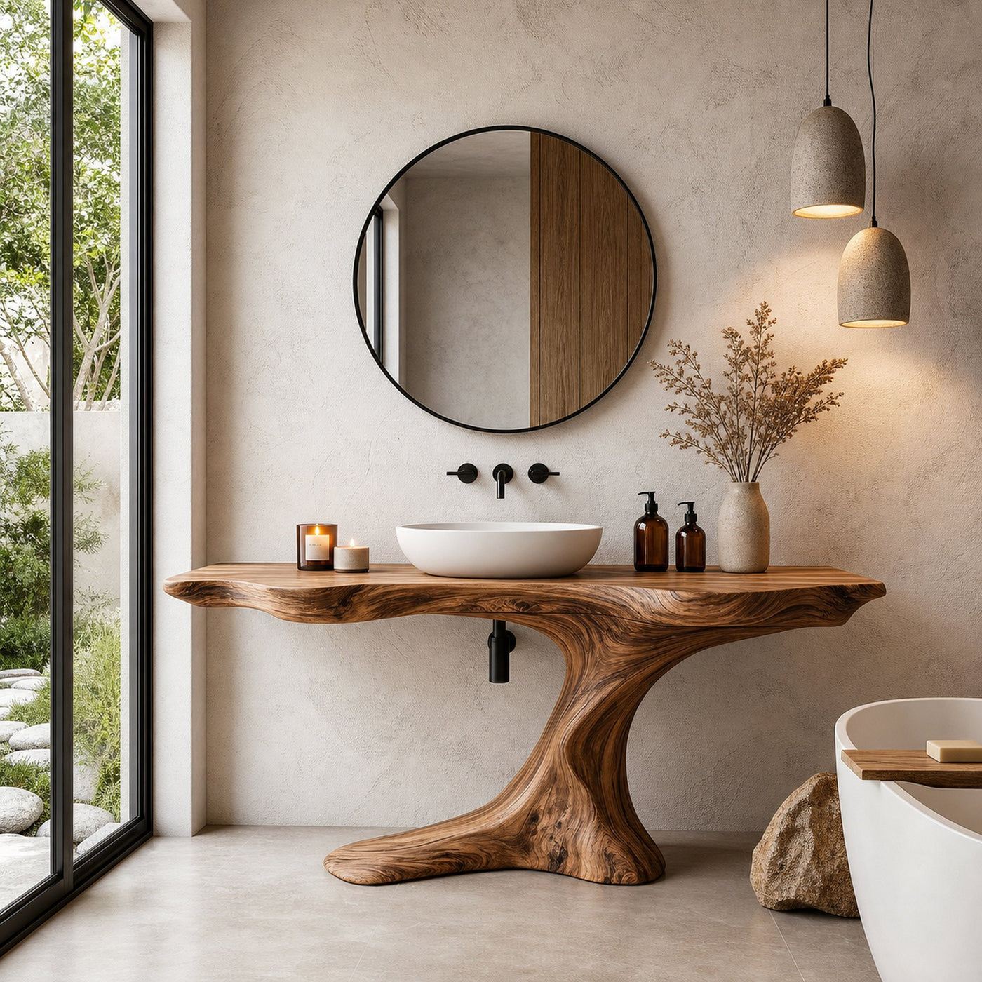 Rustic Organic Bathroom Vanity With Live Edge Countertop And Sculptural Tree Root Base