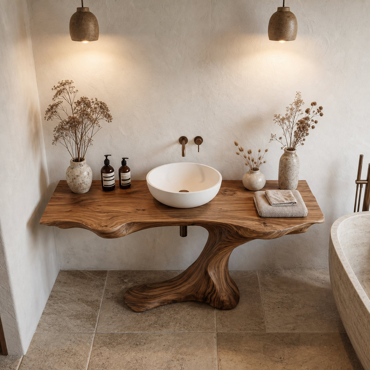 Rustic Organic Bathroom Vanity With Live Edge Countertop And Sculptural Tree Root Base - product view 2