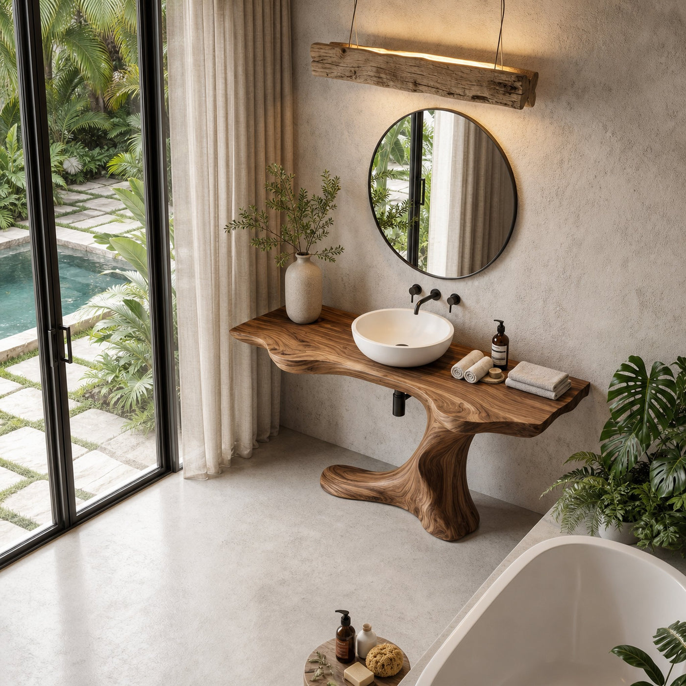 Rustic Organic Bathroom Vanity With Live Edge Countertop And Sculptural Tree Root Base - product view 3