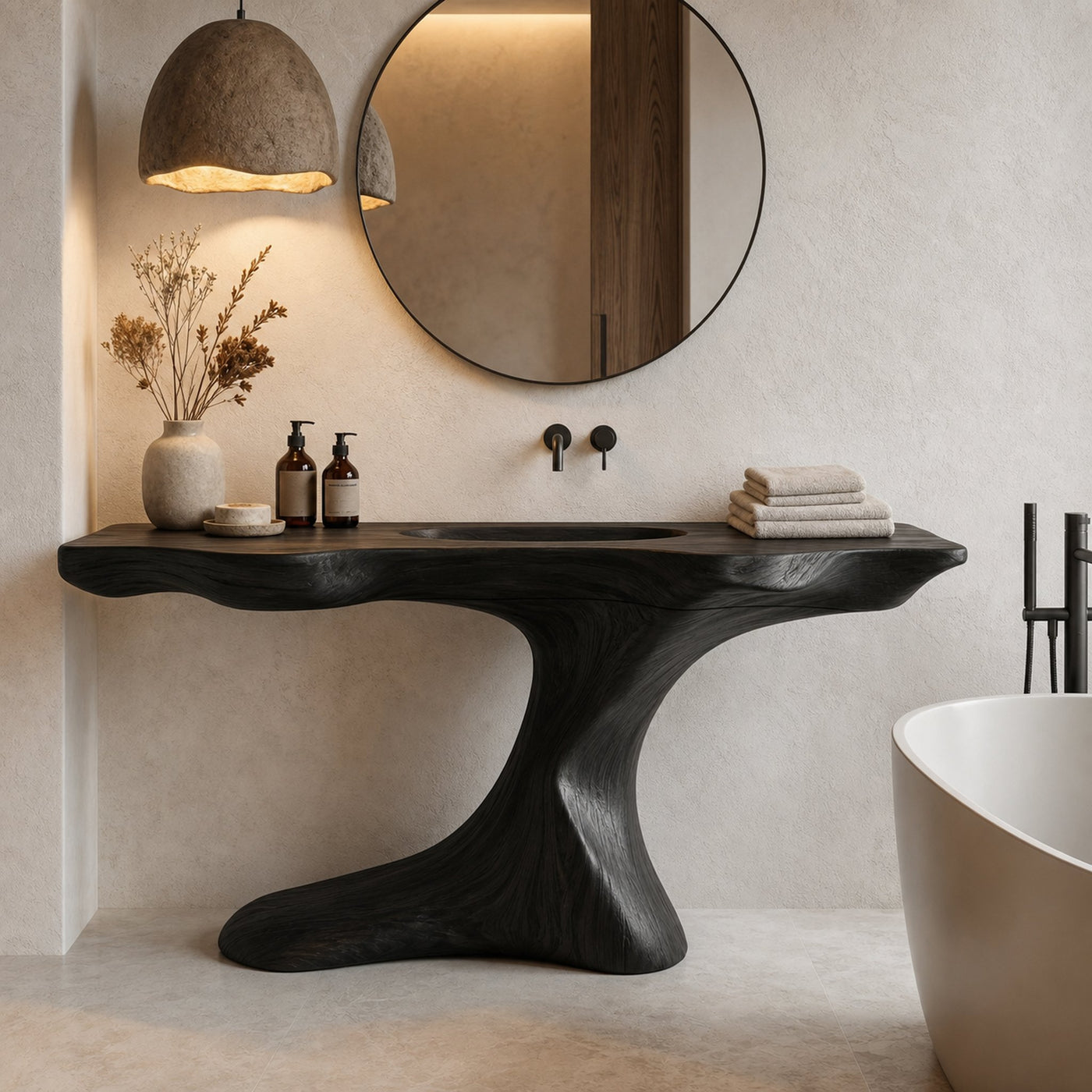 Rustic Organic Bathroom Vanity With Live Edge Countertop And Sculptural Tree Root Base - product view 4