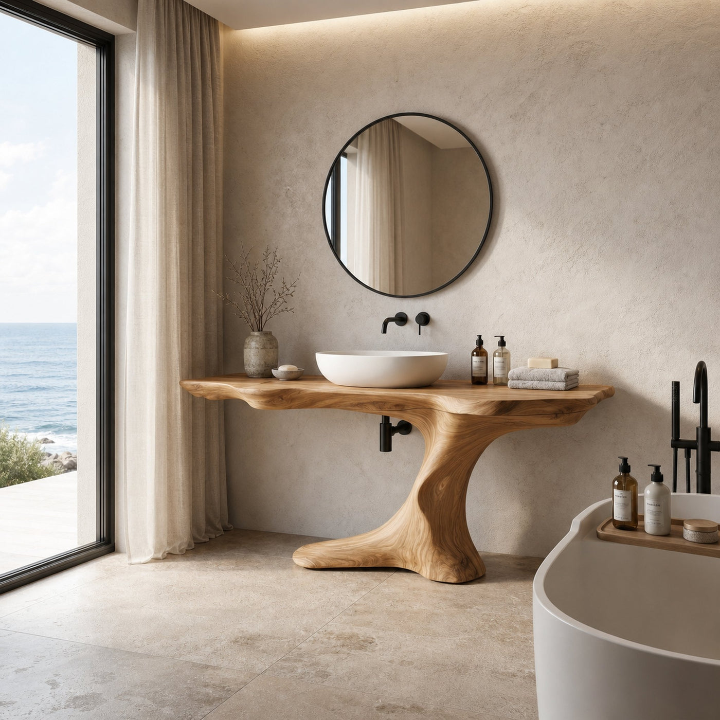 Rustic Organic Bathroom Vanity With Live Edge Countertop And Sculptural Tree Root Base - product view 5