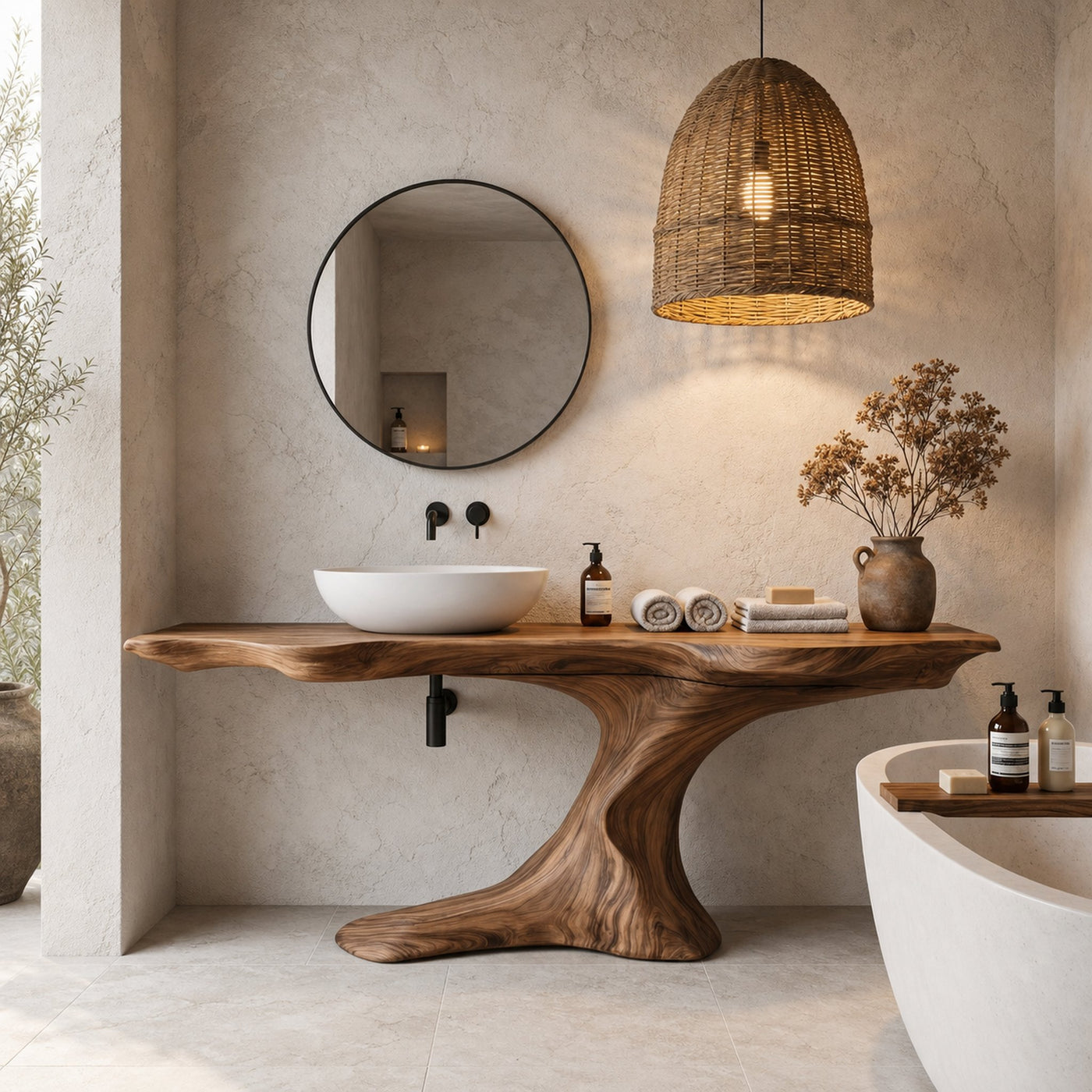 Rustic Organic Bathroom Vanity With Live Edge Countertop And Sculptural Tree Root Base - product view 6