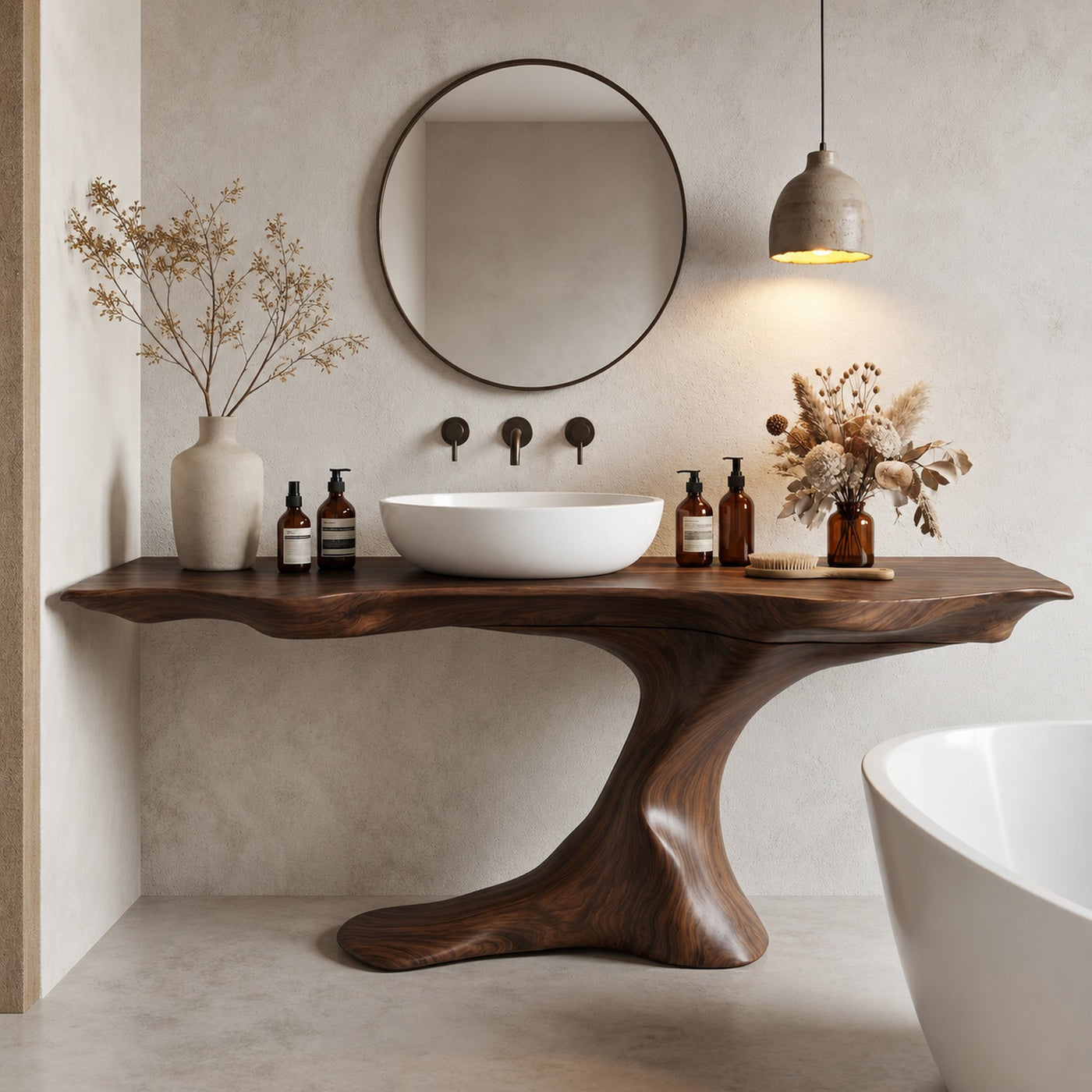 Rustic Organic Bathroom Vanity With Live Edge Countertop And Sculptural Tree Root Base - product view 7