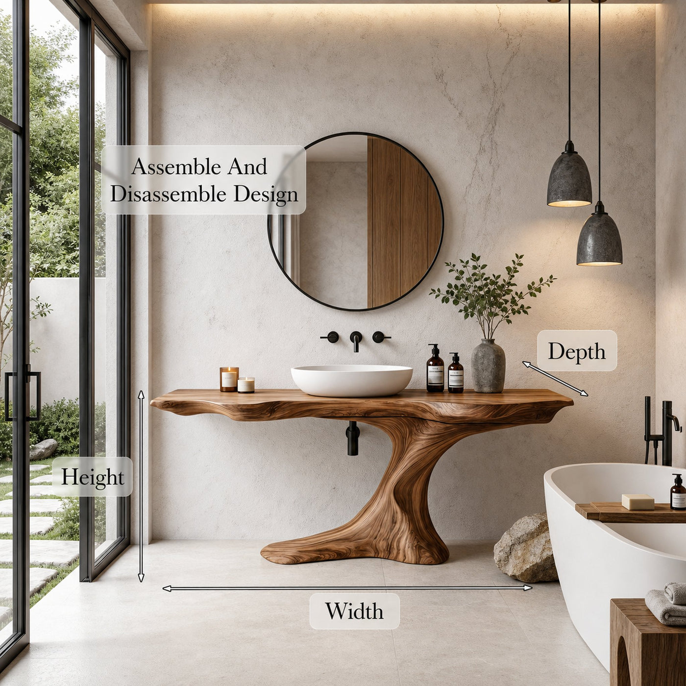 Rustic Organic Bathroom Vanity With Live Edge Countertop And Sculptural Tree Root Base - product view 8
