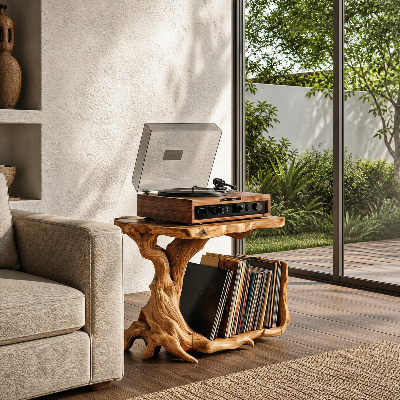 Rustic Record Player Stand With Tree Root Solid Wood Base And Vinyl Storage For Living Room