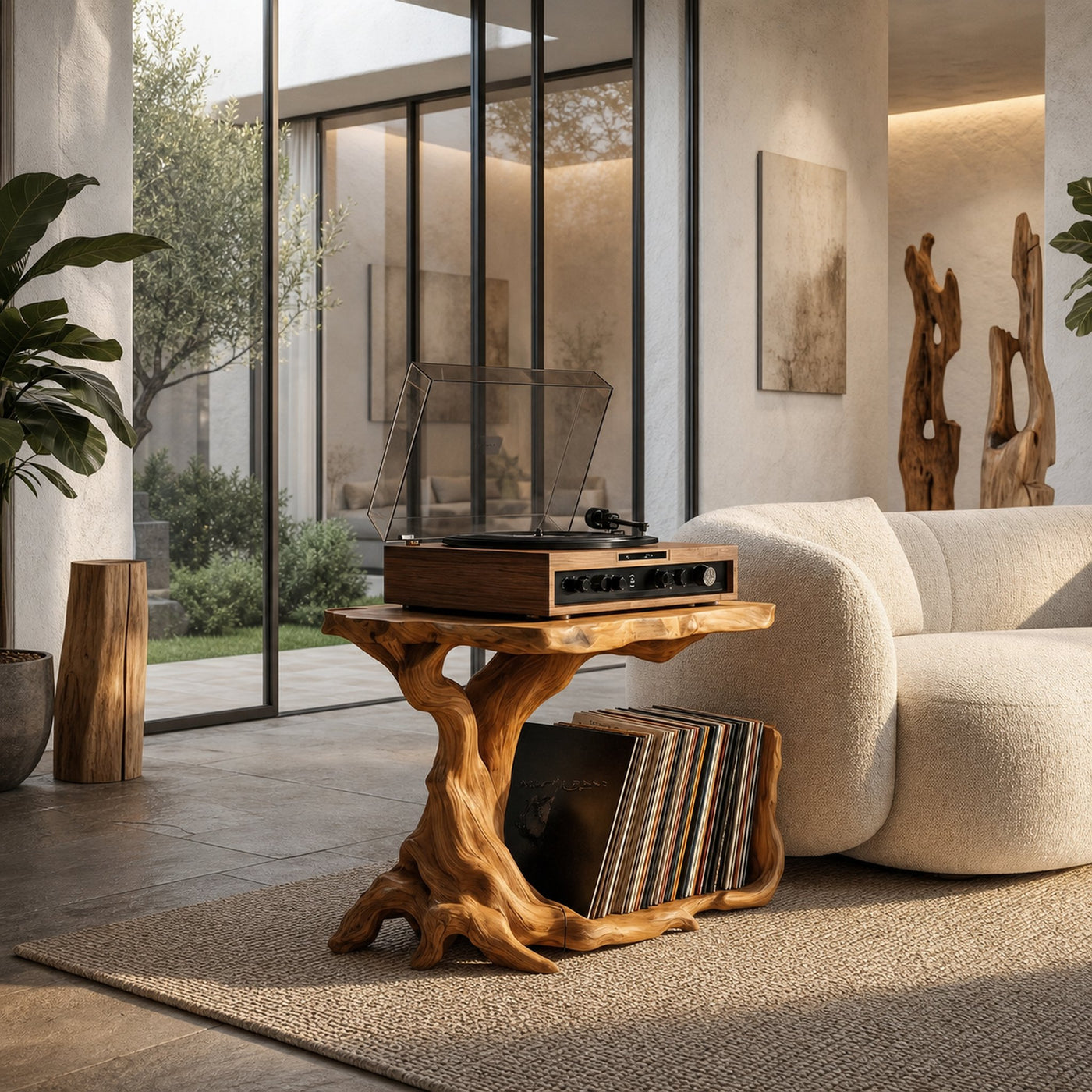 Rustic Record Player Stand With Tree Root Solid Wood Base And Vinyl Storage For Living Room - product view 6