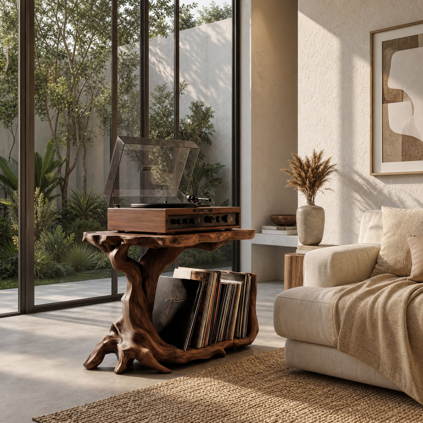 Rustic Record Player Stand With Tree Root Solid Wood Base And Vinyl Storage For Living Room - product view 7