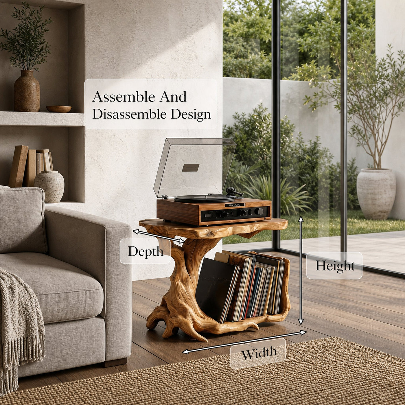 Rustic Record Player Stand With Tree Root Solid Wood Base And Vinyl Storage For Living Room - product view 8