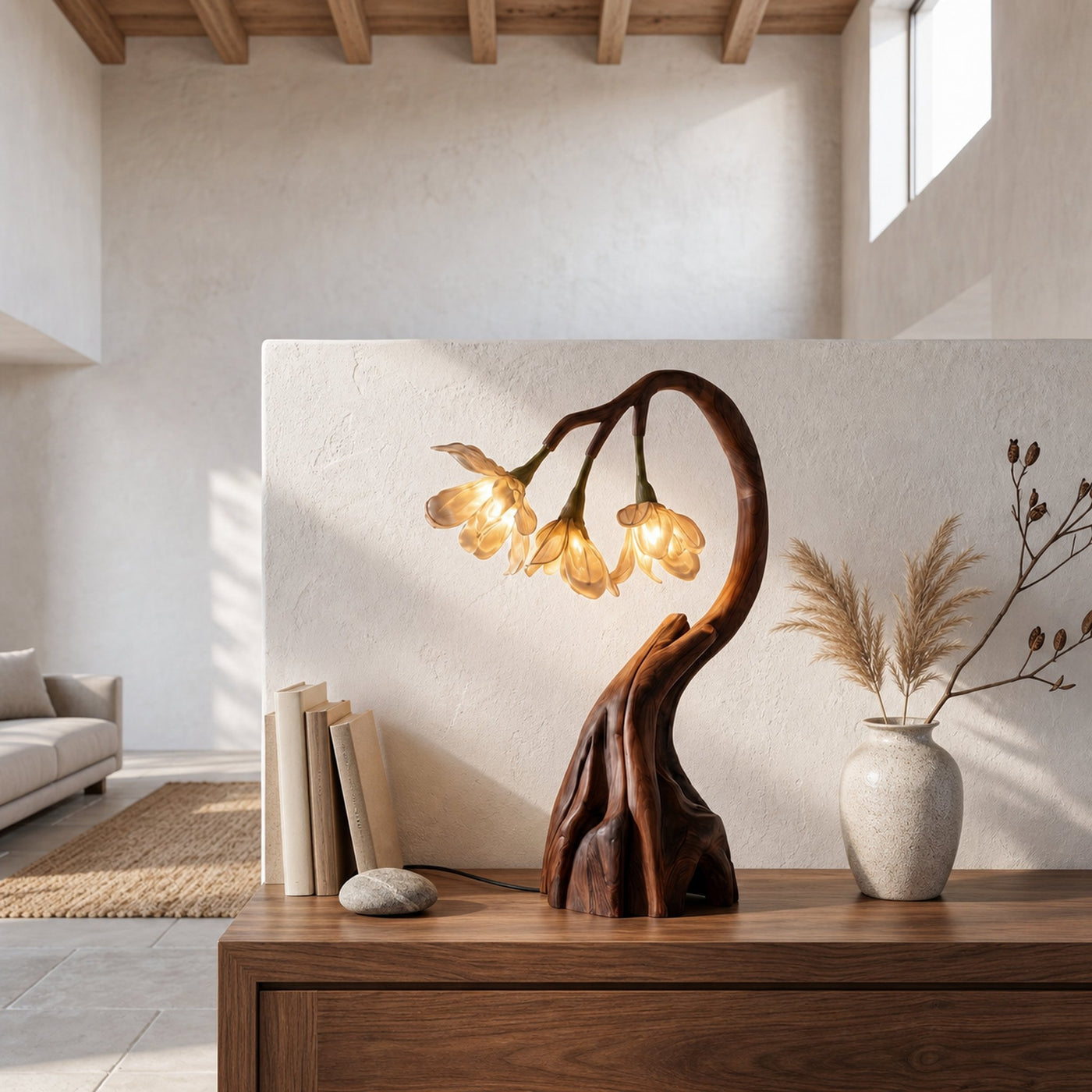 Rustic Tree Branch Table Lamp With Sculptural Wood Base For Living Room And Bedroom