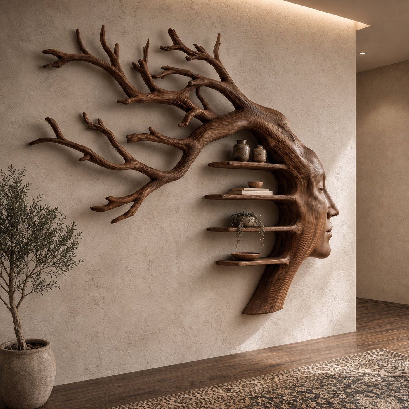 Rustic Tree Branch Wooden Wall Art With Floating Shelves For Living Room And Entryway