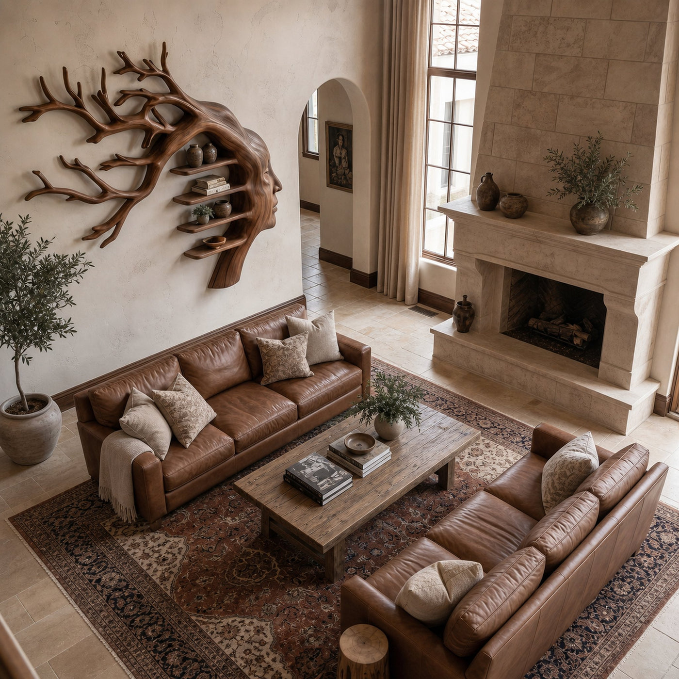Rustic Tree Branch Wooden Wall Art With Floating Shelves For Living Room And Entryway - product view 2