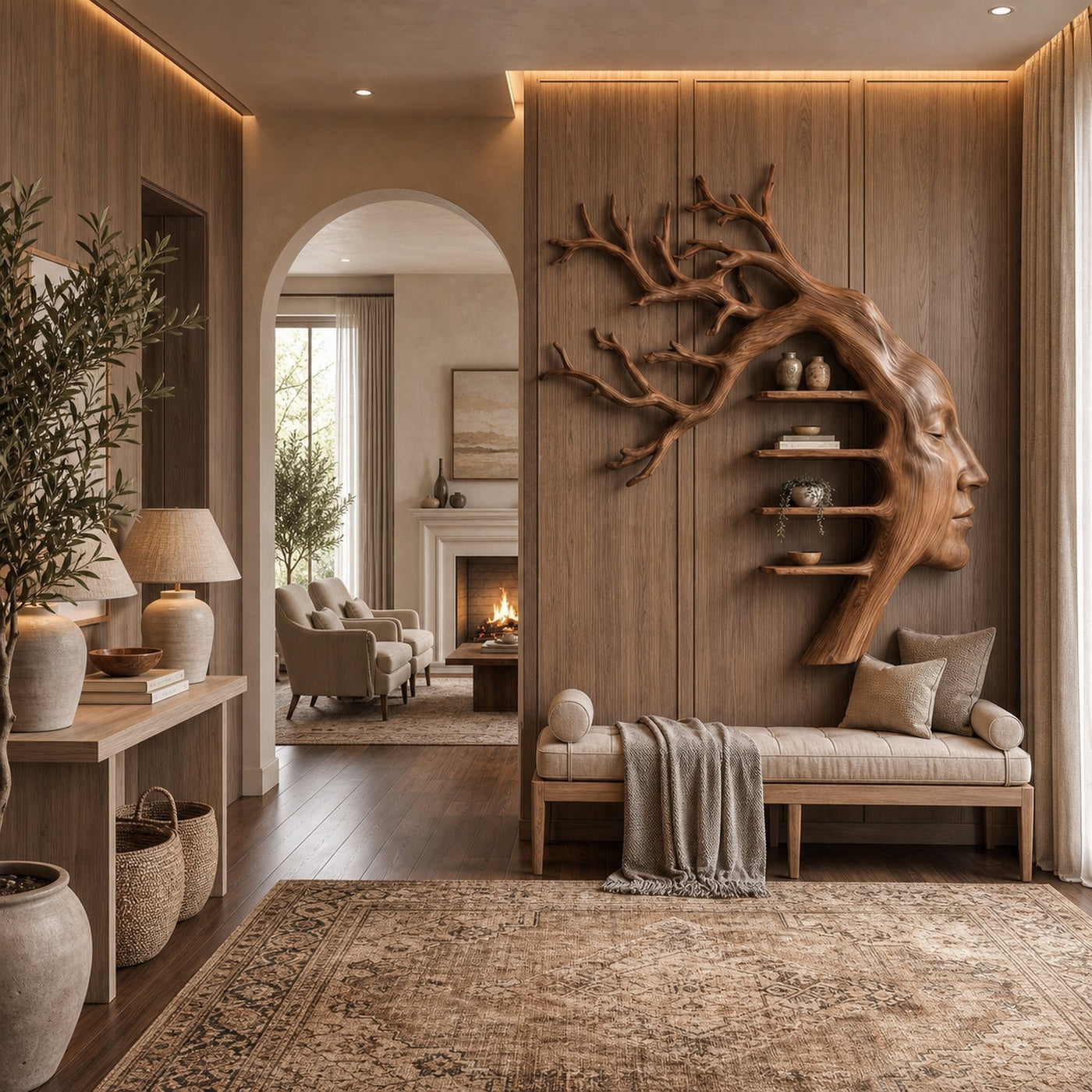 Rustic Tree Branch Wooden Wall Art With Floating Shelves For Living Room And Entryway - product view 3
