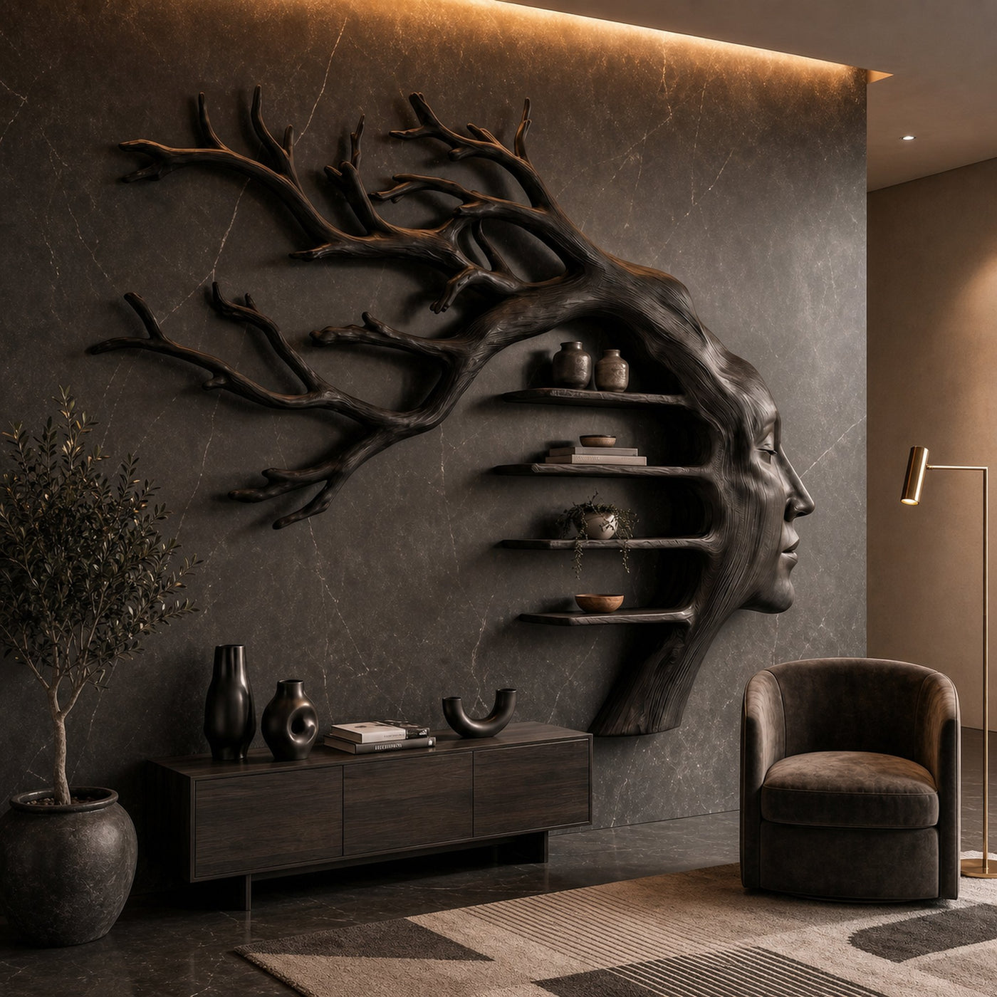 Rustic Tree Branch Wooden Wall Art With Floating Shelves For Living Room And Entryway - product view 4