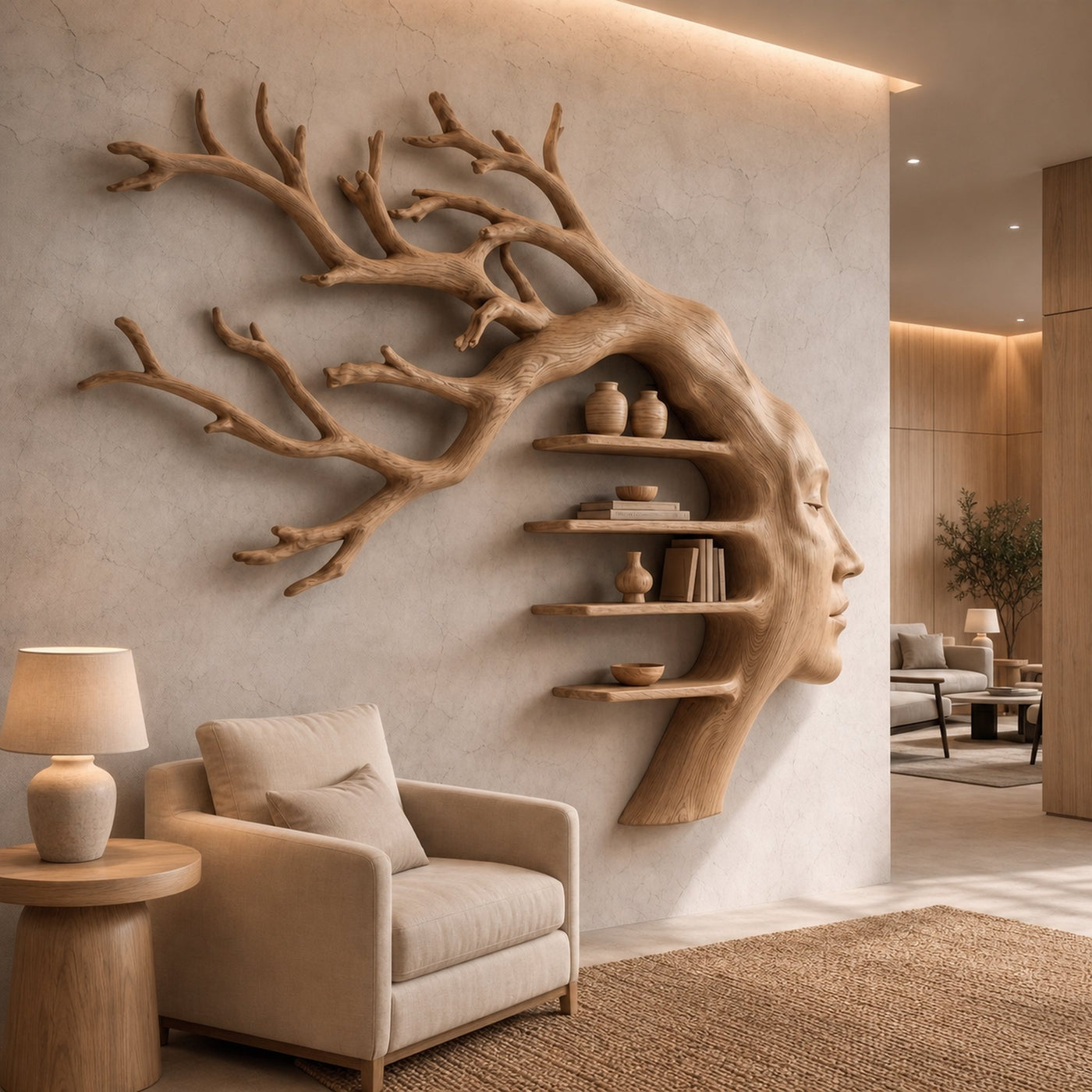 Rustic Tree Branch Wooden Wall Art With Floating Shelves For Living Room And Entryway - product view 5