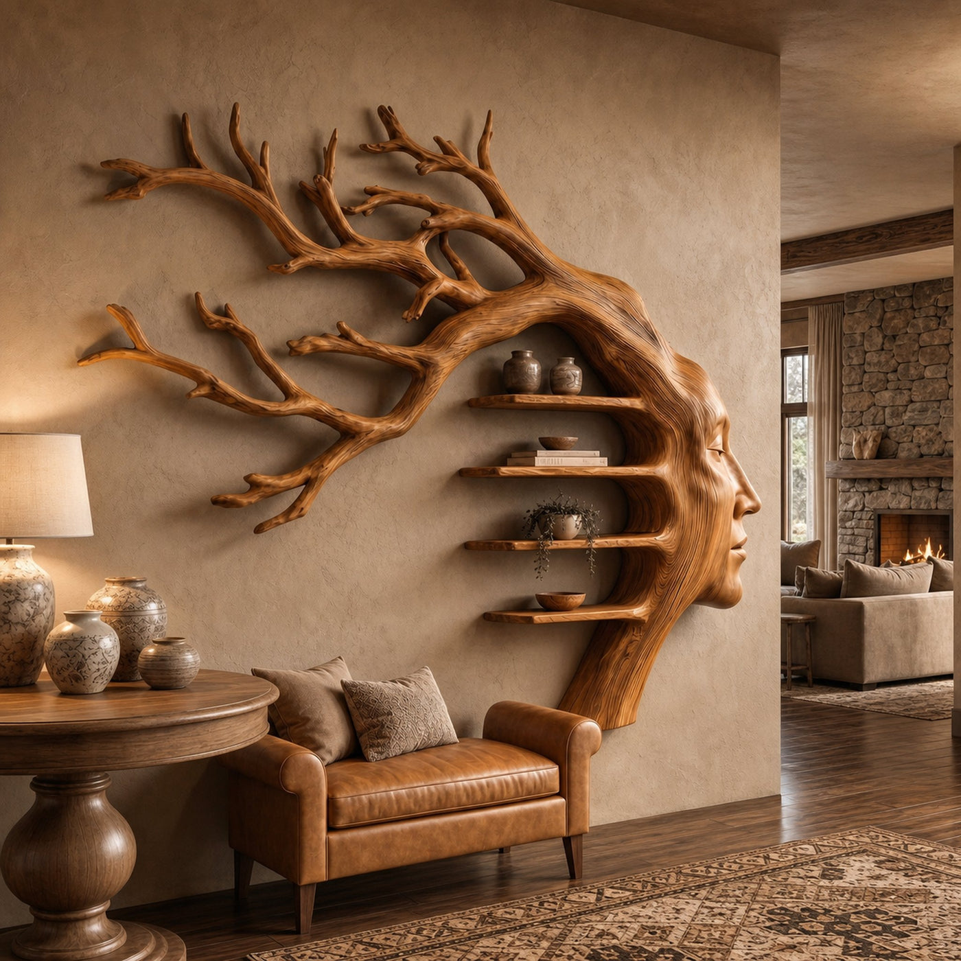 Rustic Tree Branch Wooden Wall Art With Floating Shelves For Living Room And Entryway - product view 6
