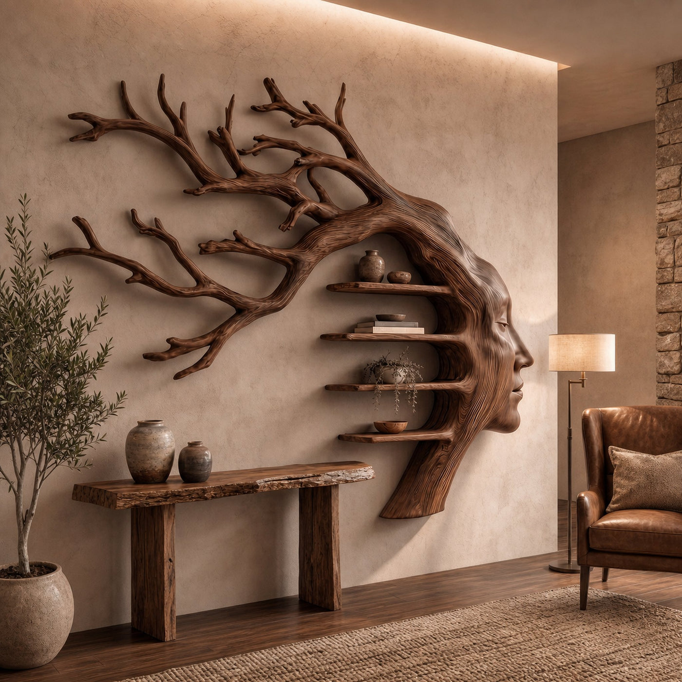 Rustic Tree Branch Wooden Wall Art With Floating Shelves For Living Room And Entryway - product view 7