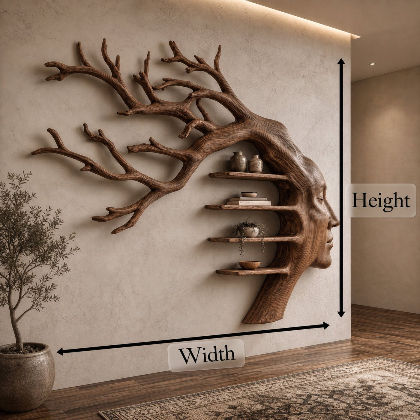 Rustic Tree Branch Wooden Wall Art With Floating Shelves For Living Room And Entryway - product view 8