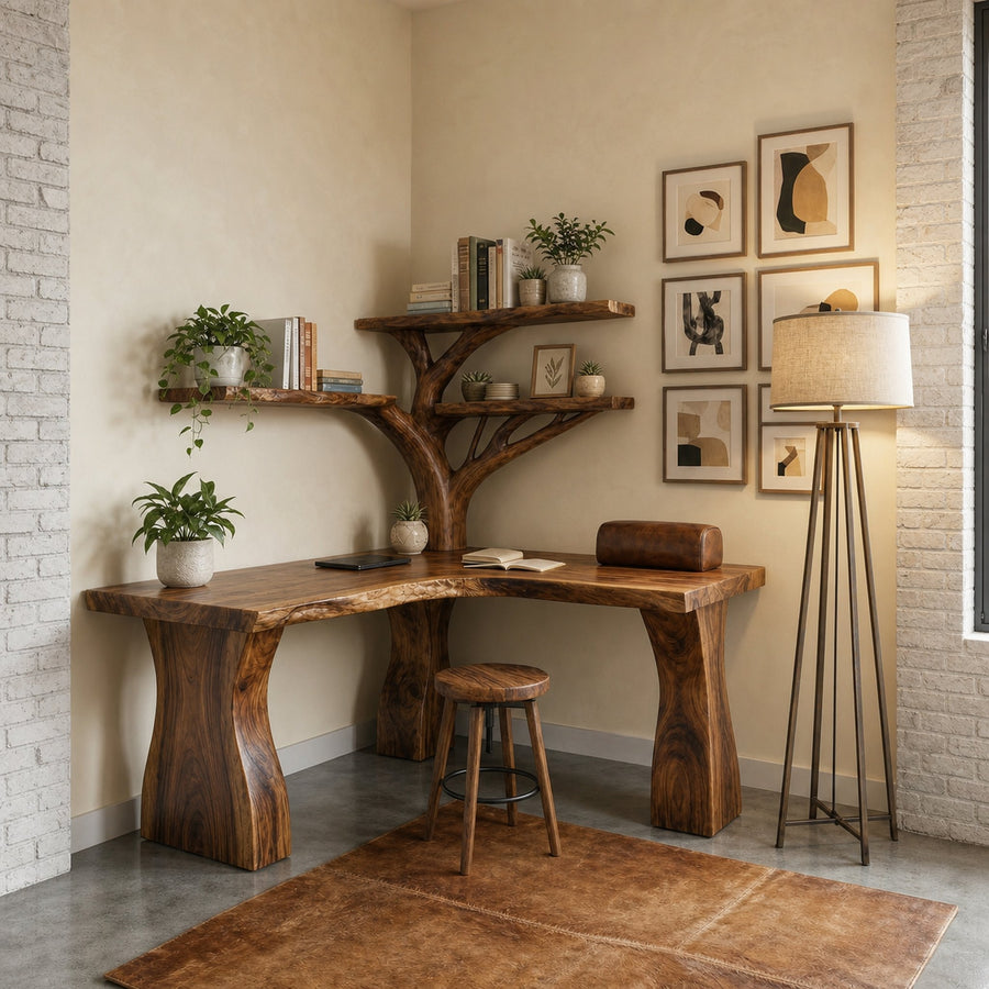 Rustic Tree Corner Desk For Home Office And Bedroom