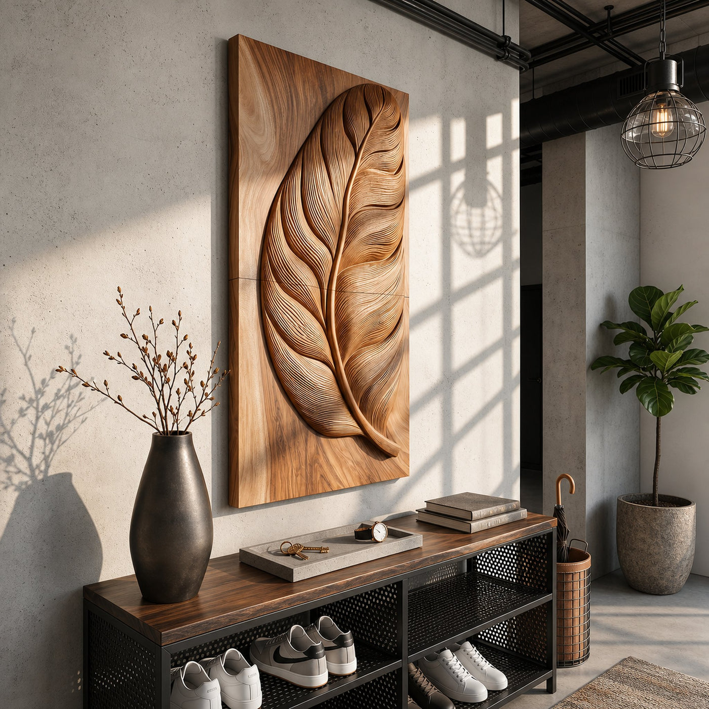 Rustic Wall Art With Carved Leaf Design For Entryway