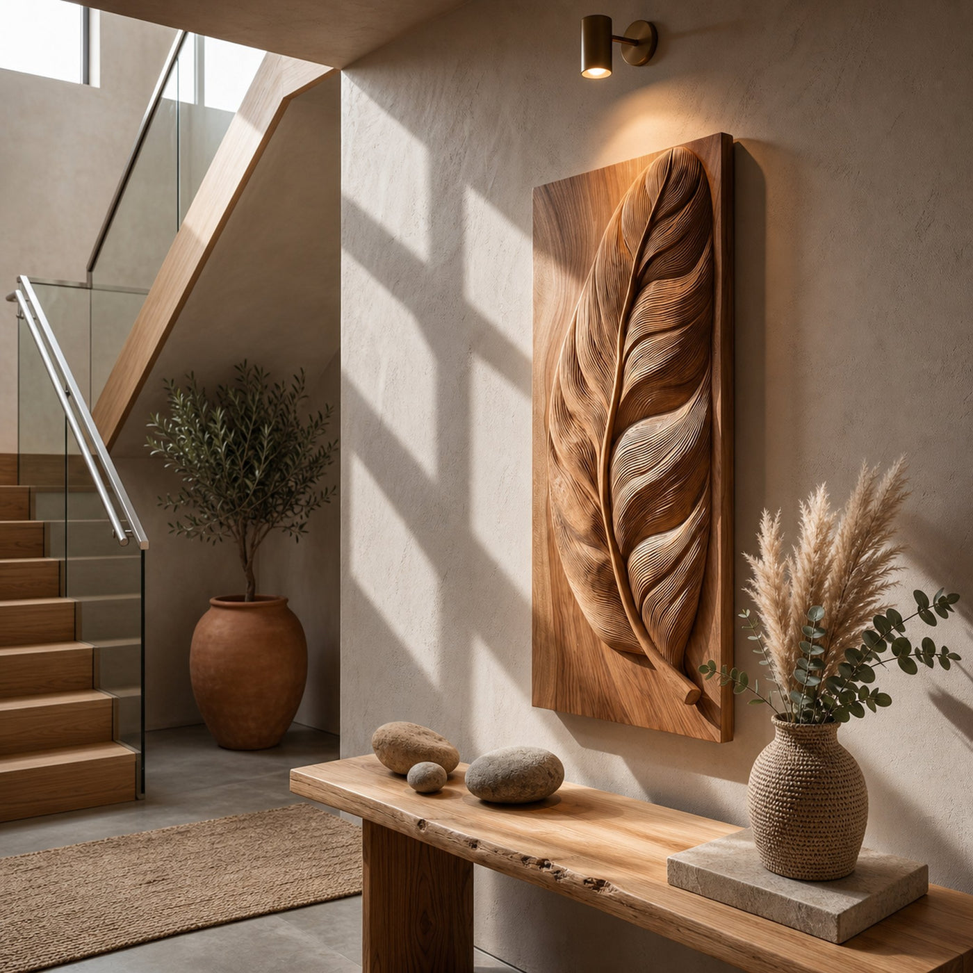 Rustic Wall Art With Carved Leaf Design For Entryway - product view 3