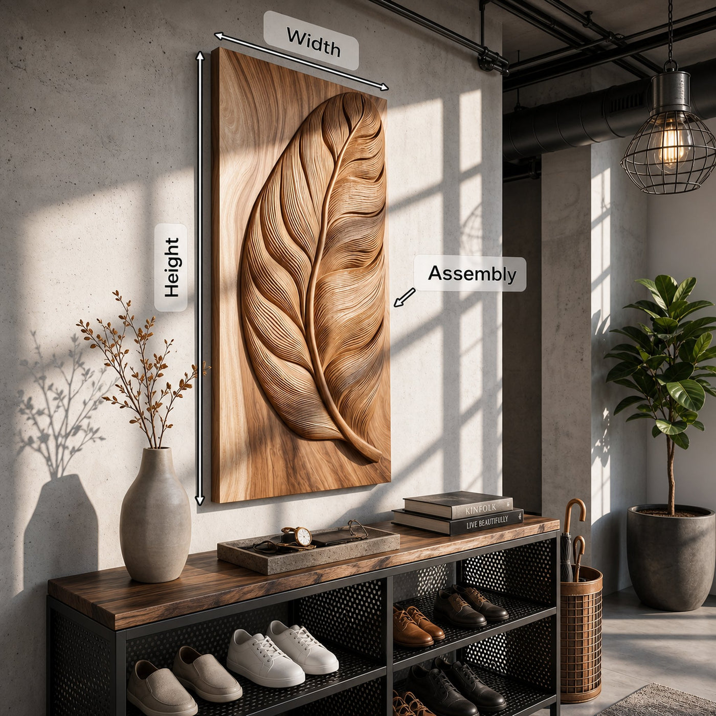 Rustic Wall Art With Carved Leaf Design For Entryway - product view 5