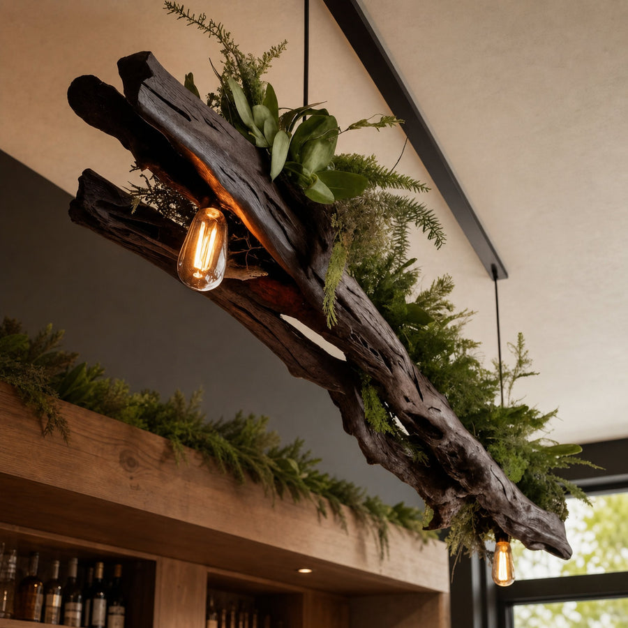 Rustic Wooden Ceiling Light With Greenery For Kitchen Or Living Room