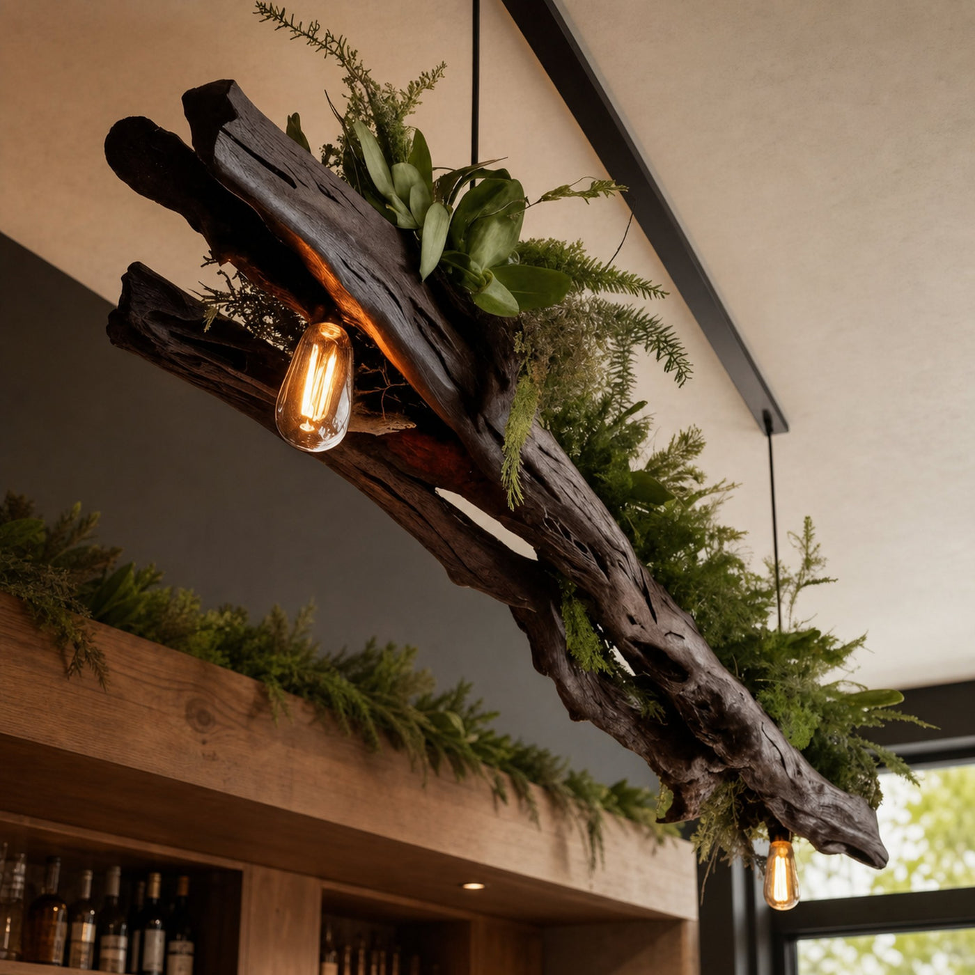 Rustic Wooden Ceiling Light With Greenery For Kitchen Or Living Room