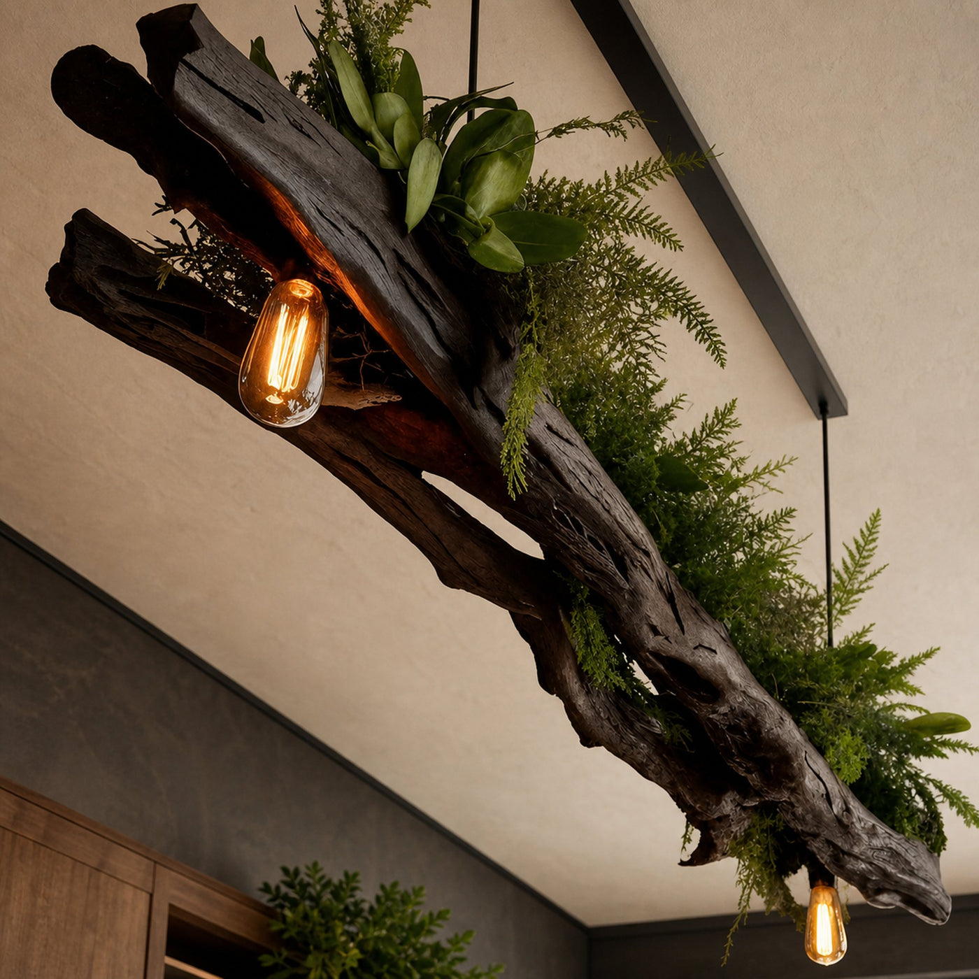 Rustic Wooden Ceiling Light With Greenery For Kitchen Or Living Room - product view 2