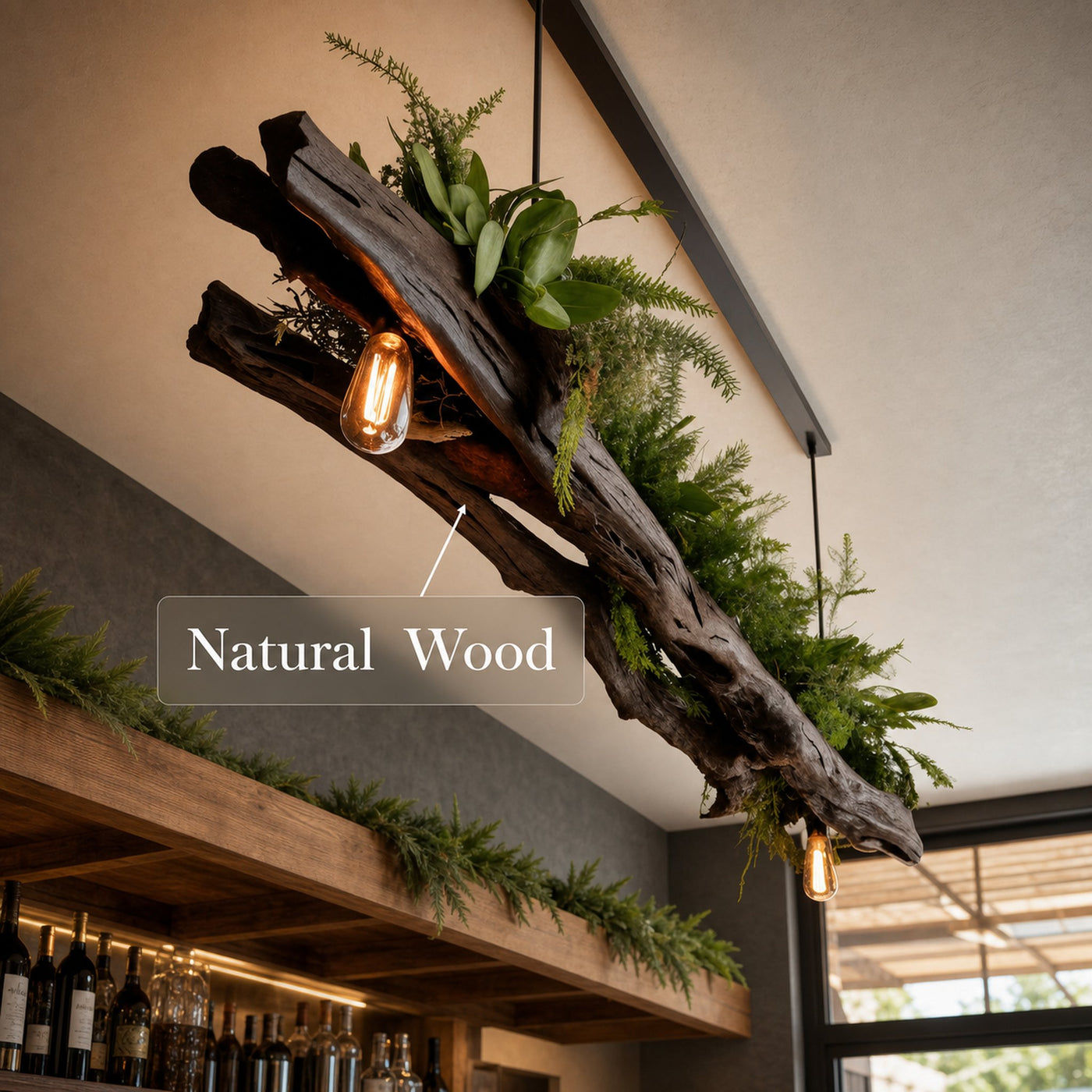 Rustic Wooden Ceiling Light With Greenery For Kitchen Or Living Room - product view 5