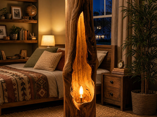 Rustic Wooden Floor Lamp Sculptural Design For Cozy Bedroom