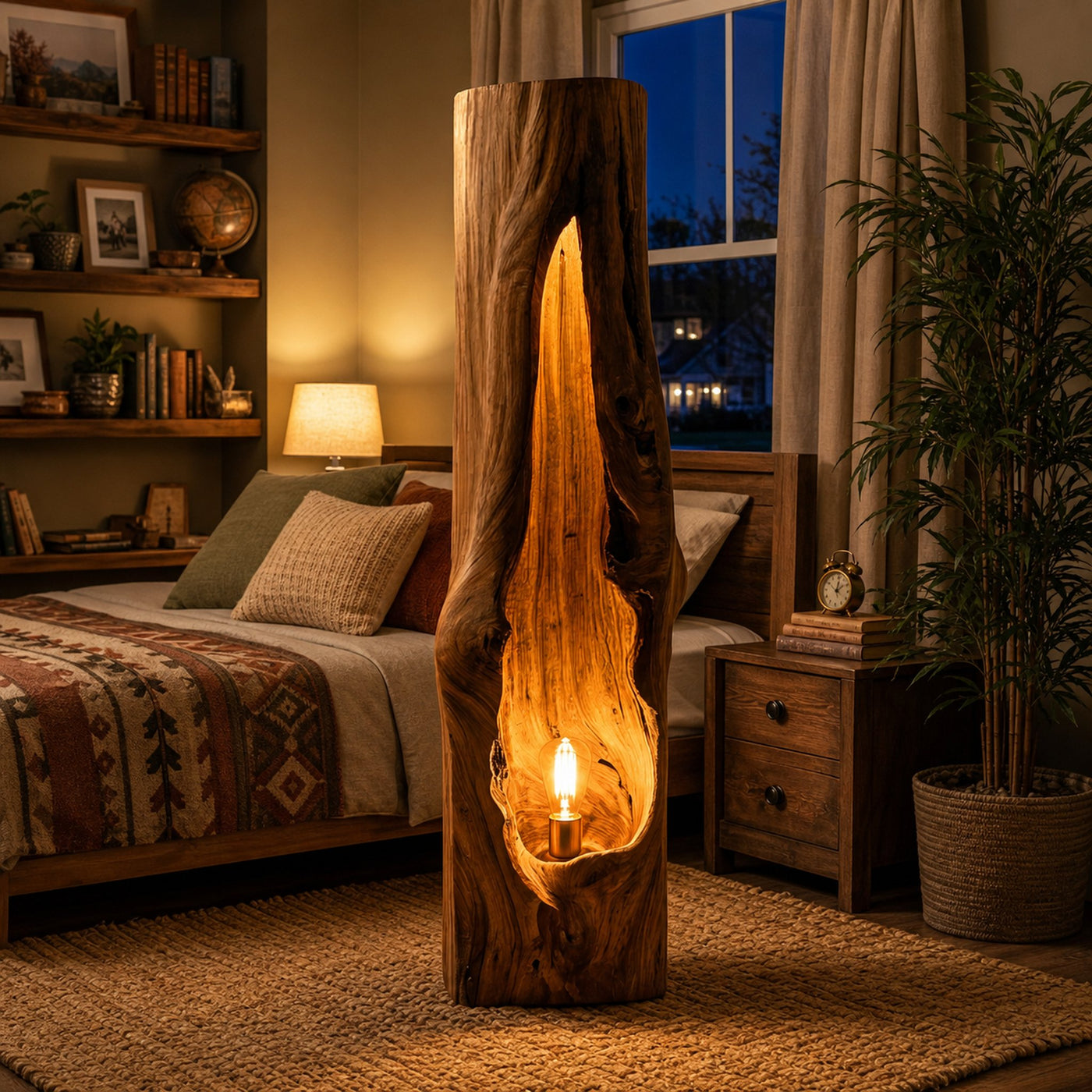 Rustic Wooden Floor Lamp Sculptural Design For Cozy Bedroom