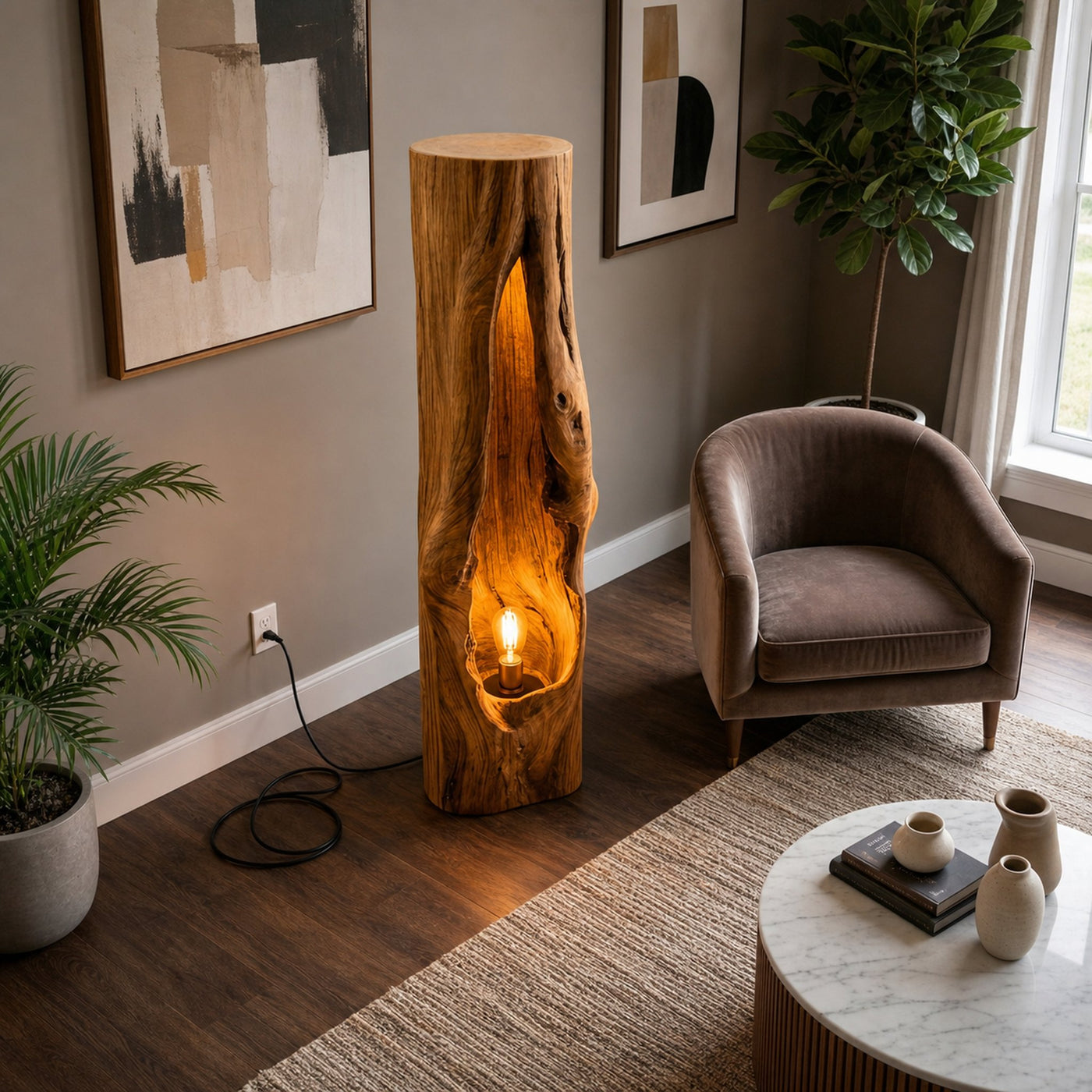 Rustic Wooden Floor Lamp Sculptural Design For Cozy Bedroom - product view 2