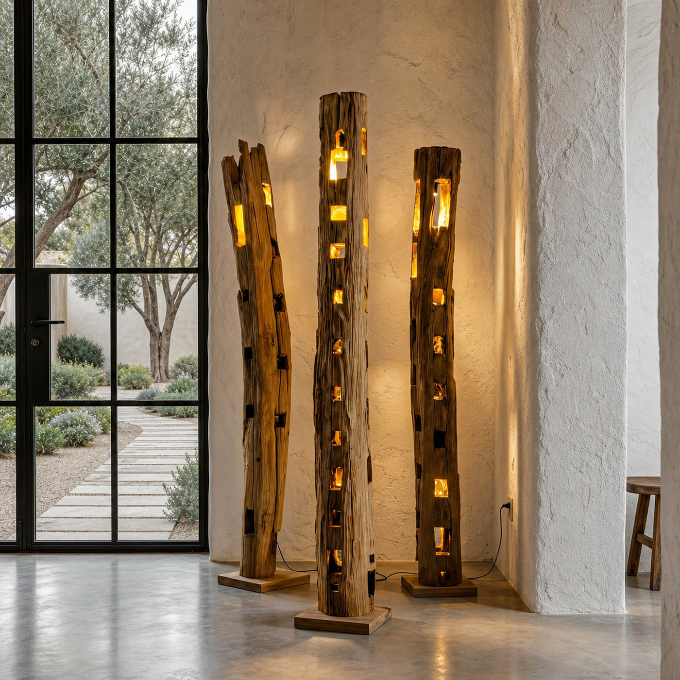 Rustic Wooden Floor Lamp With Natural Hollow Log Design For Living Room And Bedroom