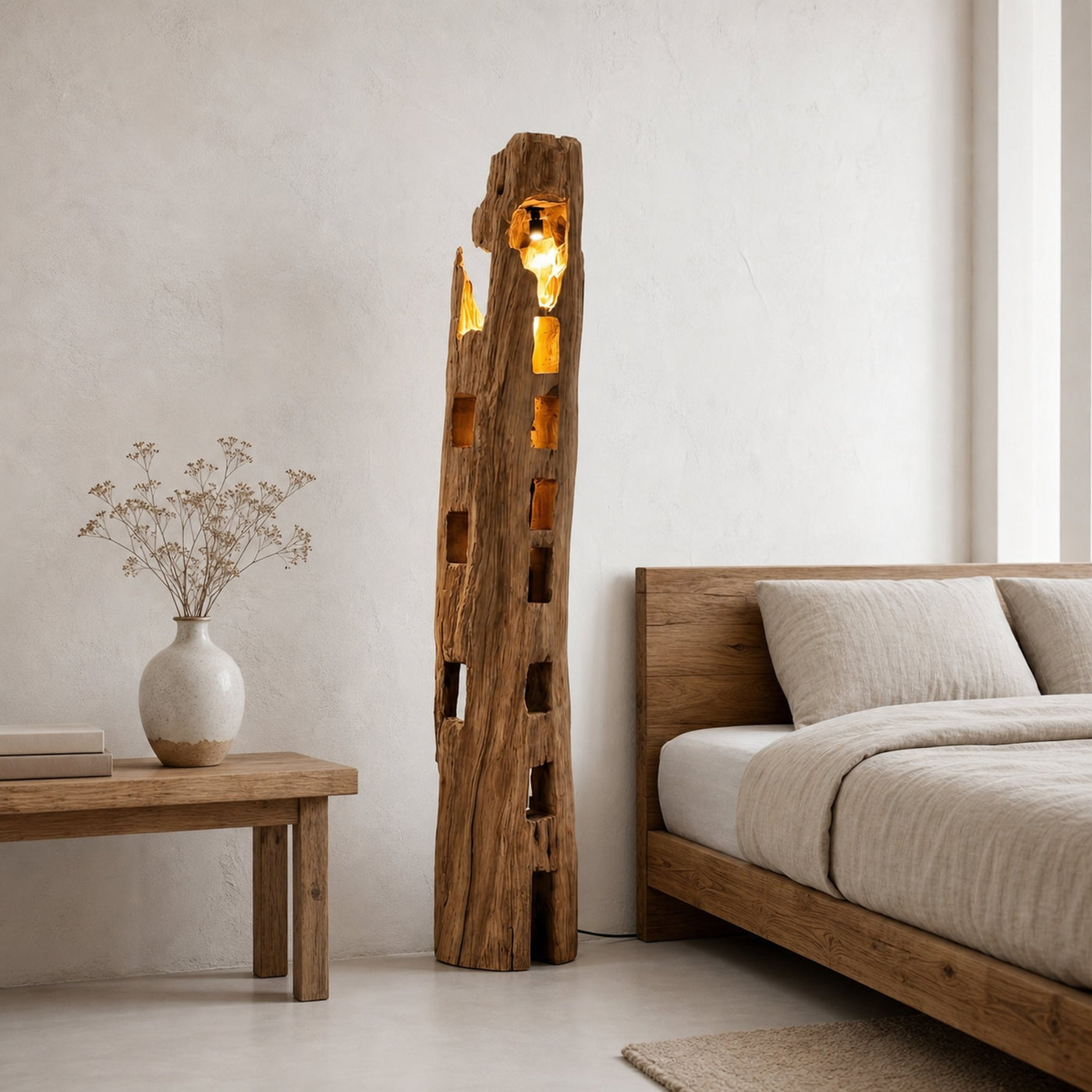 Rustic Wooden Floor Lamp With Natural Hollow Log Design For Living Room And Bedroom - product view 2
