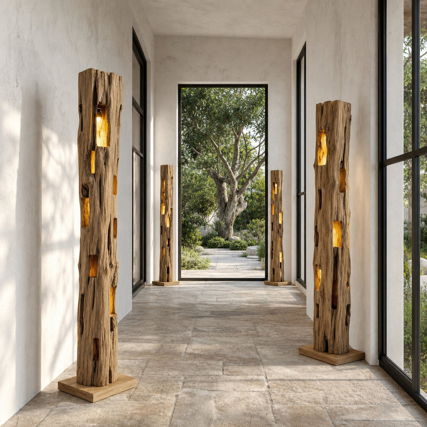 Rustic Wooden Floor Lamp With Natural Hollow Log Design For Living Room And Bedroom - product view 3
