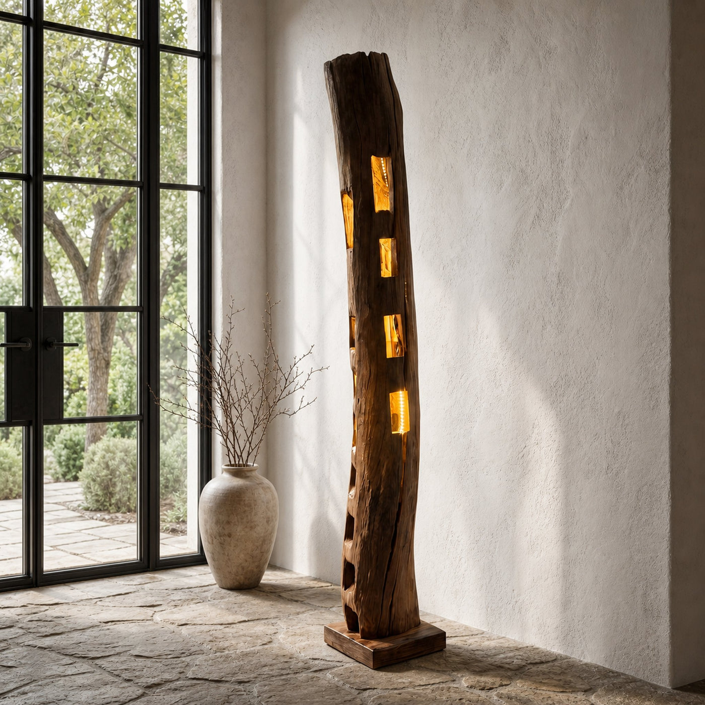Rustic Wooden Floor Lamp With Natural Hollow Log Design For Living Room And Bedroom - product view 4