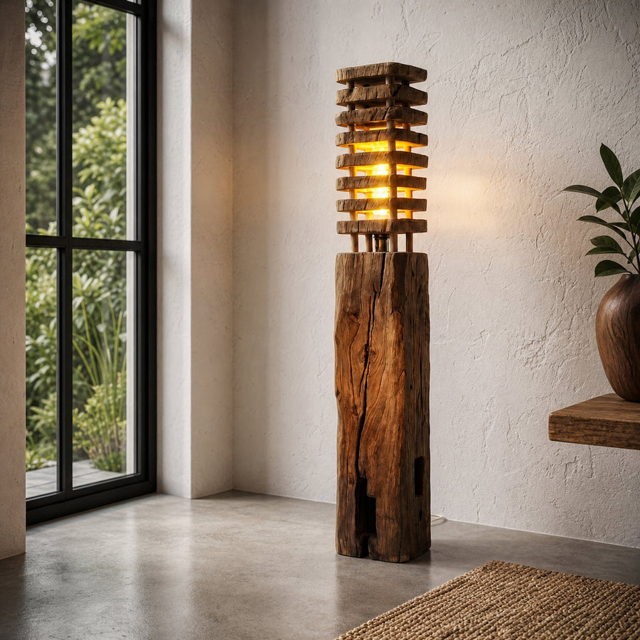 Rustic Wooden Floor Lamp With Sculptural Log Base For Living Room And Bedroom
