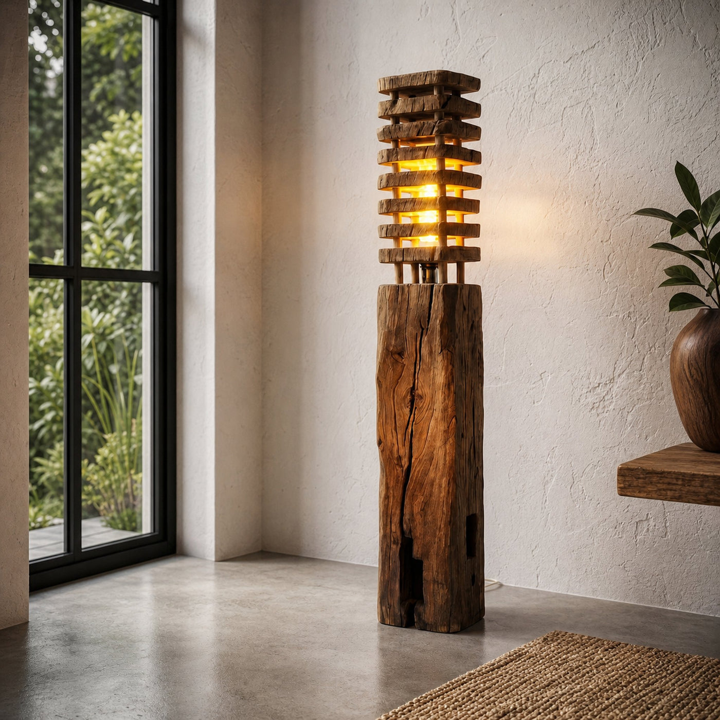 Rustic Wooden Floor Lamp With Sculptural Log Base For Living Room And Bedroom