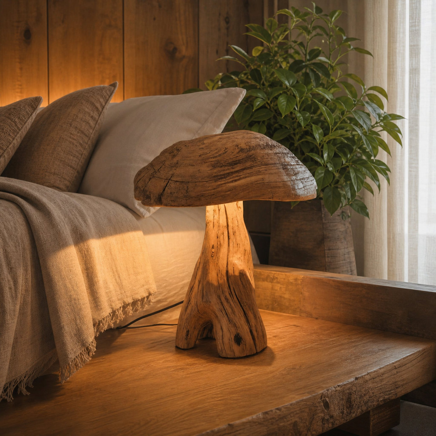Rustic Wooden Mushroom Table Lamp For Bedroom Or Living Room
