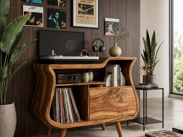 Rustic Wooden Record Storage Cabinet With Drawers For Living Room