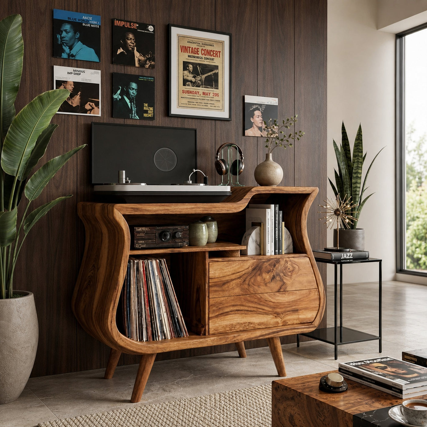 Rustic Wooden Record Storage Cabinet With Drawers For Living Room