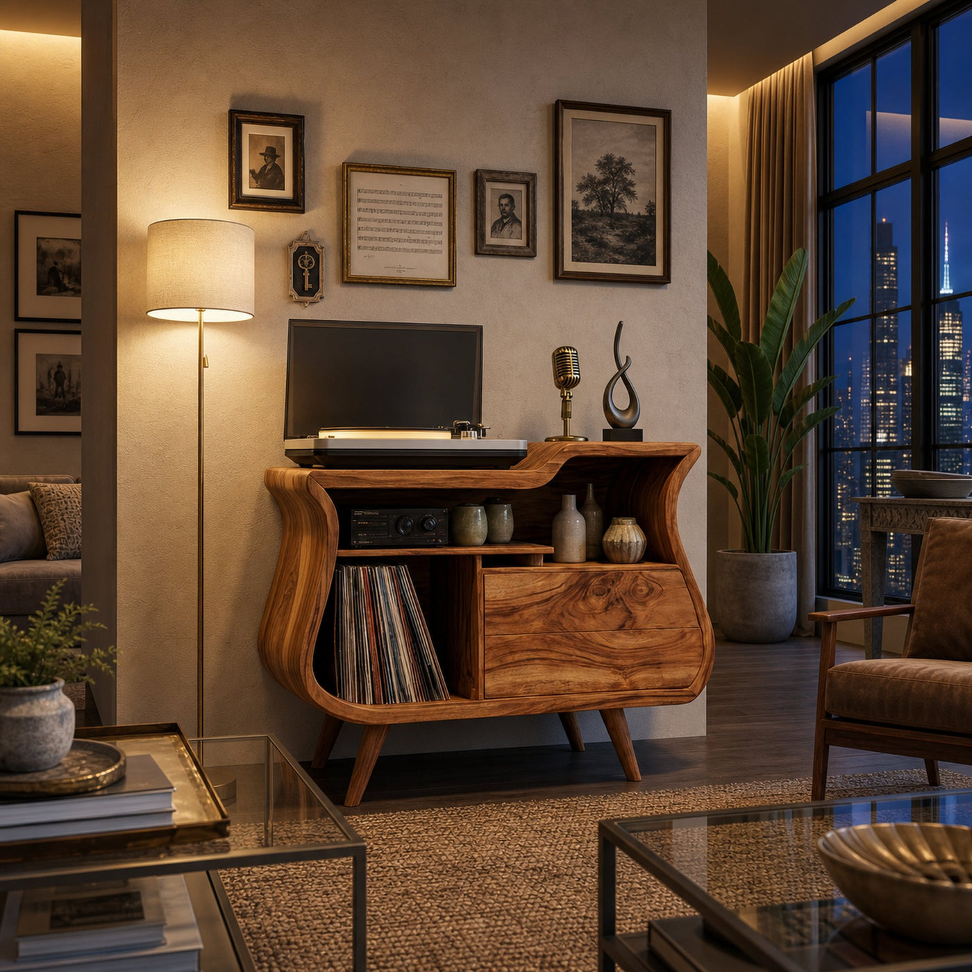 Rustic Wooden Record Storage Cabinet With Drawers For Living Room - product view 2