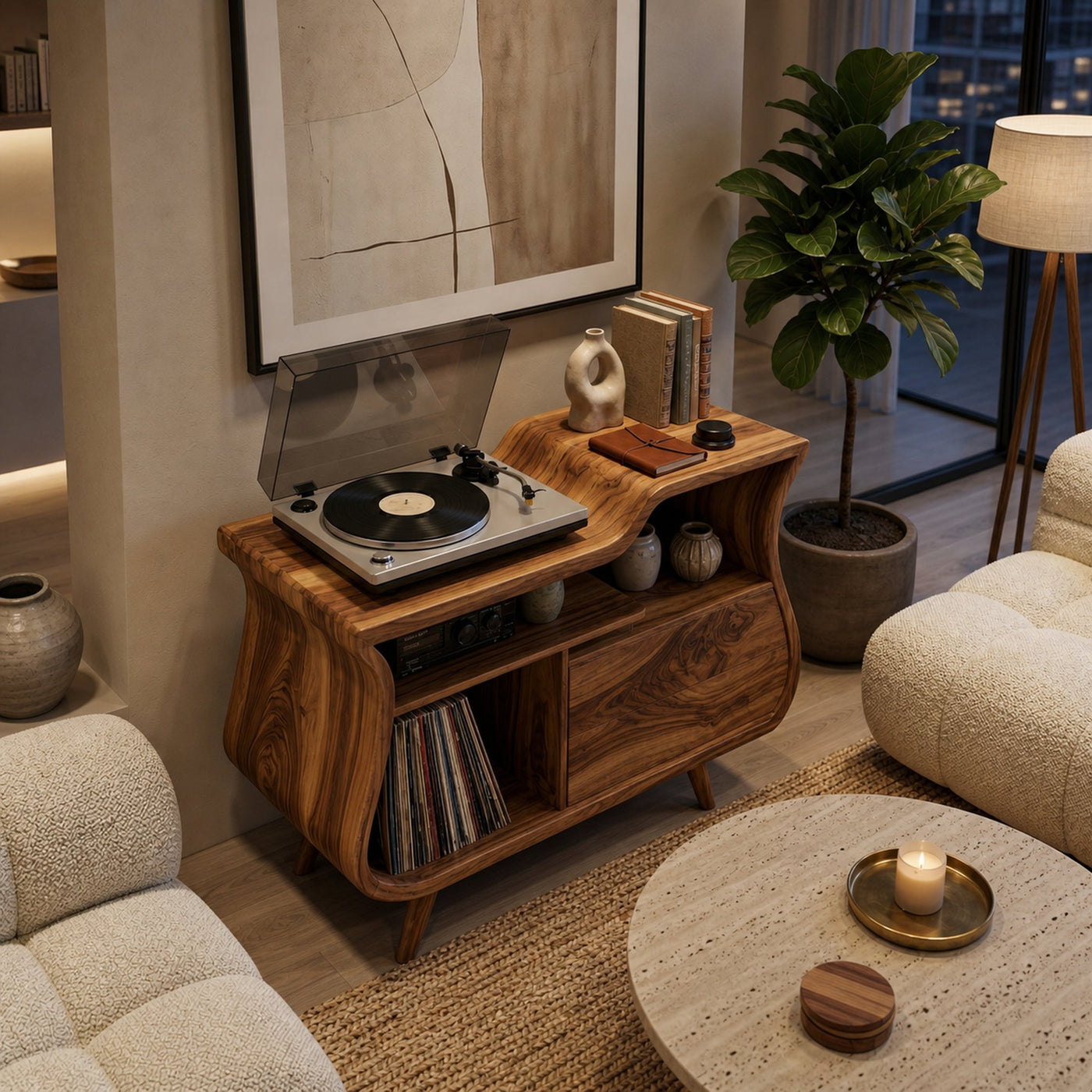 Rustic Wooden Record Storage Cabinet With Drawers For Living Room - product view 3