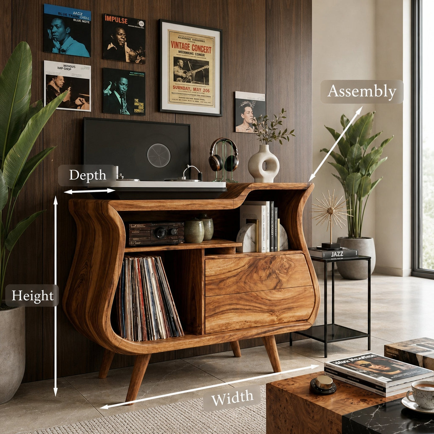Rustic Wooden Record Storage Cabinet With Drawers For Living Room - product view 8