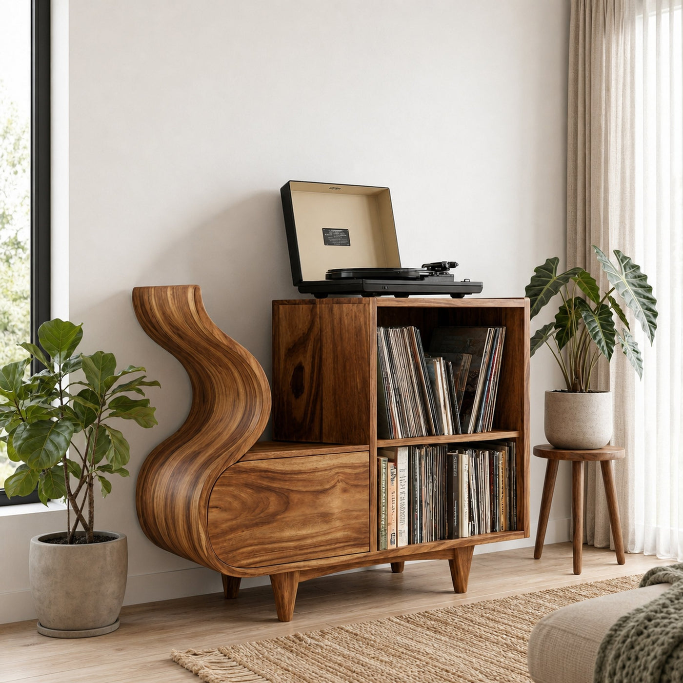 Rustic Wooden Vinyl Record Cabinet Carved Flowing Design For Living