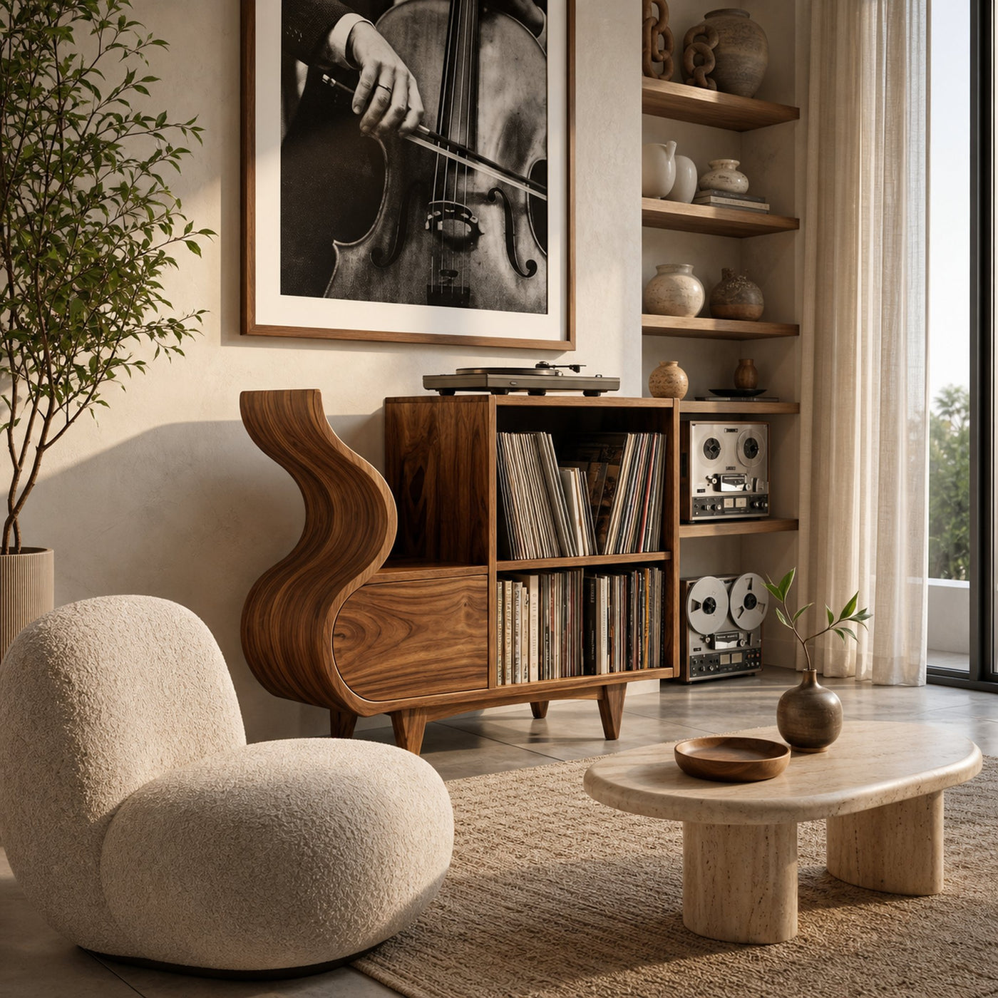 Rustic Wooden Vinyl Record Cabinet Carved Flowing Design For Living - product view 3