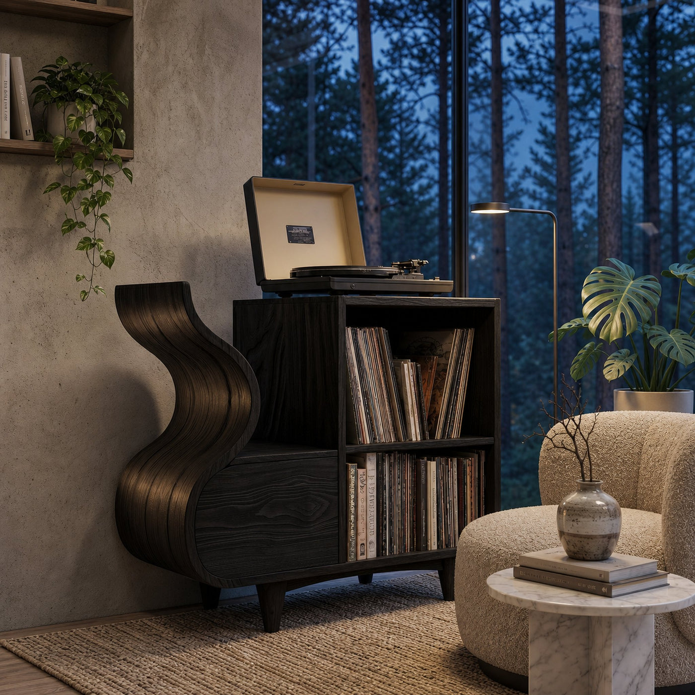 Rustic Wooden Vinyl Record Cabinet Carved Flowing Design For Living - product view 4