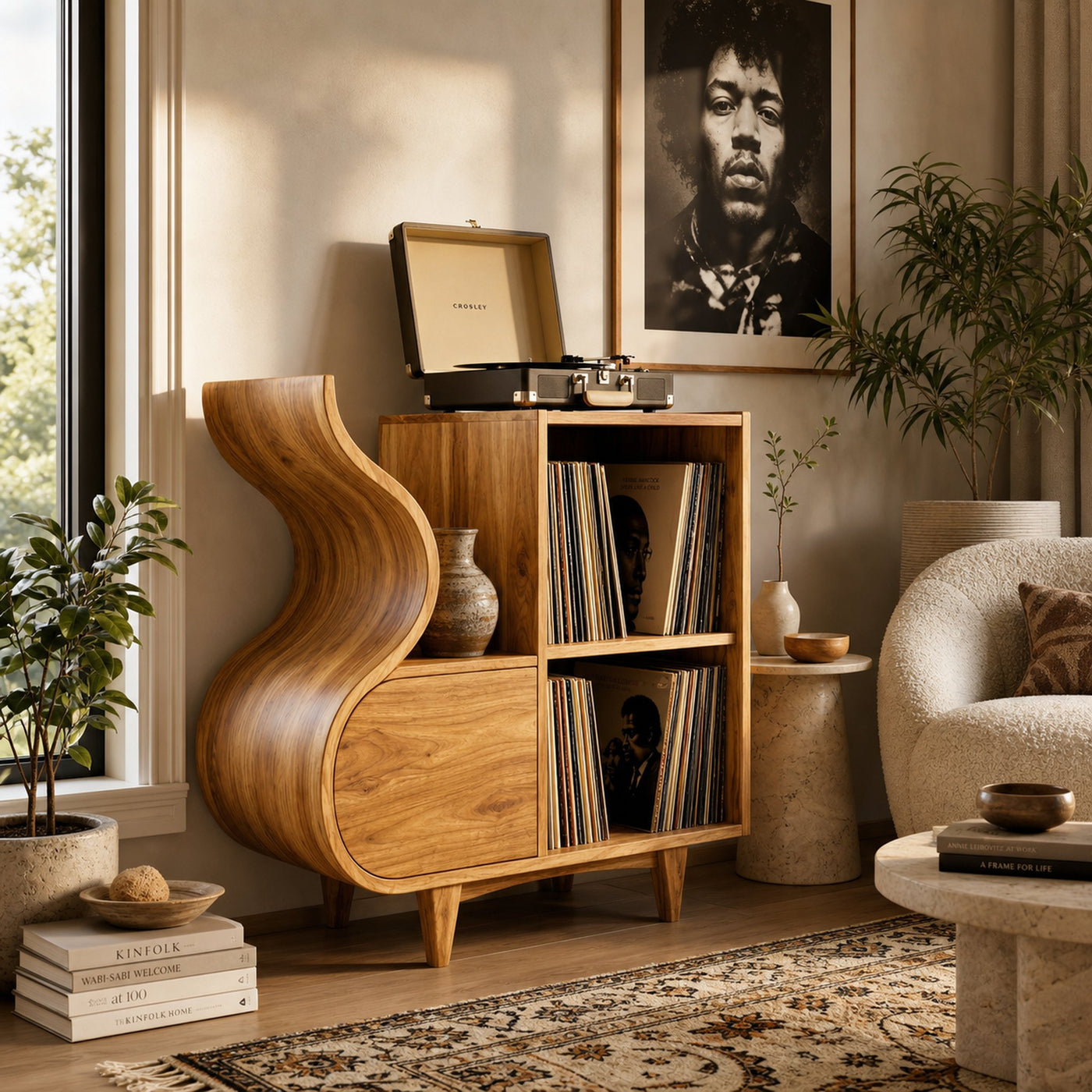 Rustic Wooden Vinyl Record Cabinet Carved Flowing Design For Living - product view 5